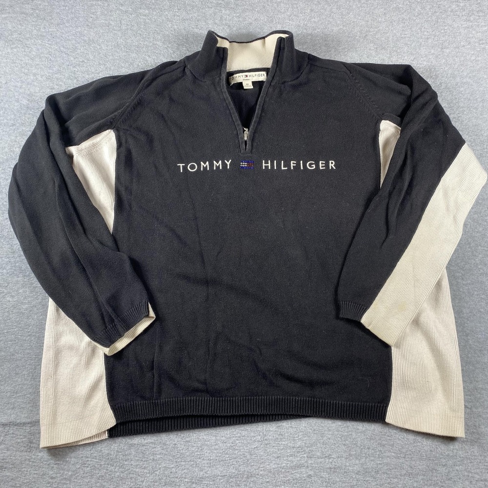 Tommy Hilfiger Sweater Womens 3X Black 1/4 Zip Mock Neck Rhinestone Logo Plus